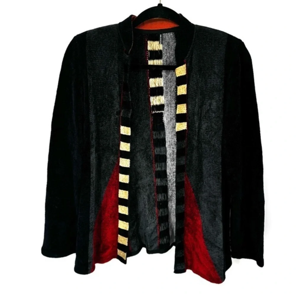 Mina Norton chenille vintage abstract, asymmetric pattern cardigan sweater
